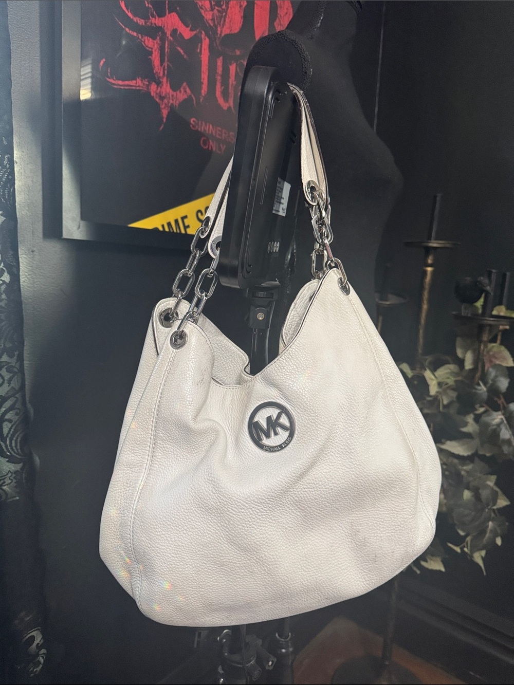 Michael Kors White Pebbled Leather Shoulder Hobo with Chain Straps
